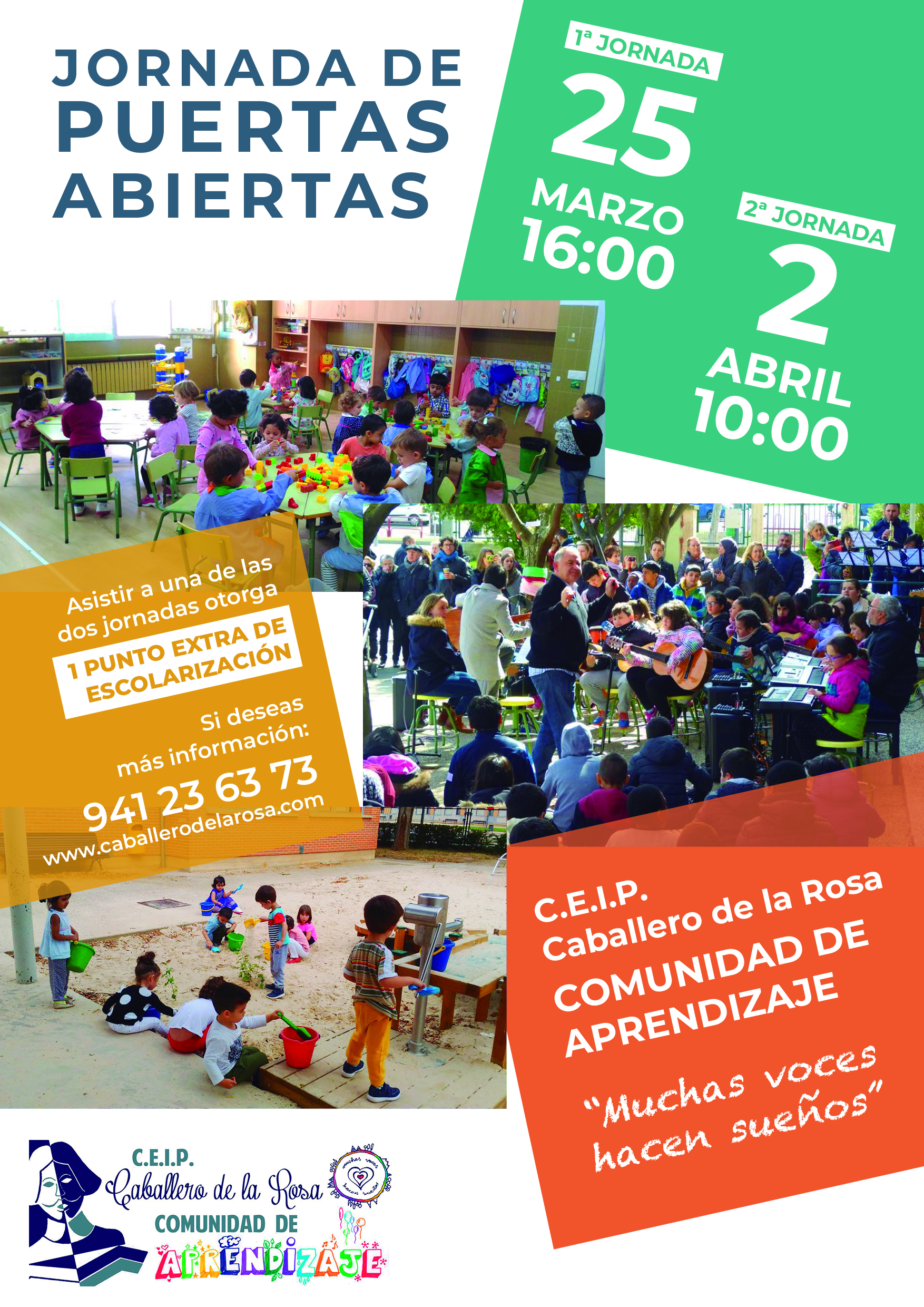 El próximo 25 de marzo a las 16:00 h. te esperamos en el CEIP Caballero de la Rosa en la primera jornada de puertas abiertas de este año, si no puedes acudir a esa cita, tienes una segunda oportunidad el 2 de abril a las 10:00 h. Asistir a una de las dos jornadas otroga un punto extra de escolarización.